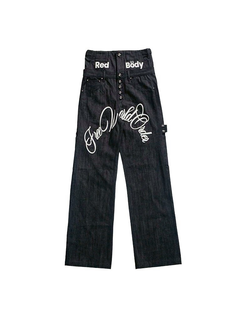 【F.V.V.O】Punkfreeguys Patch & Stud Pants / 【フリーワールドオーダー(エフヴィーヴィーオー)】ダブルウエストレタリングデニムパンツ