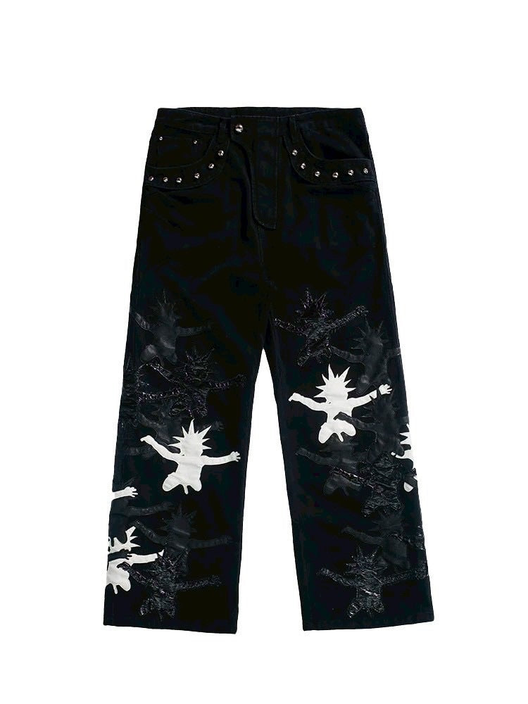 【F.V.V.O】Red Body Embroidered Signature Jeans / 【フリーワールドオーダー(エフヴィーヴィーオー)】ペイントスタッズデニムパンツ
