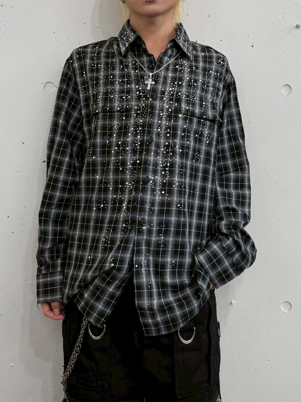【Never mind the XU】rhinestone check shirt / 【エックスユードッグ】ラインストーンチェック長袖シャツ (2color)