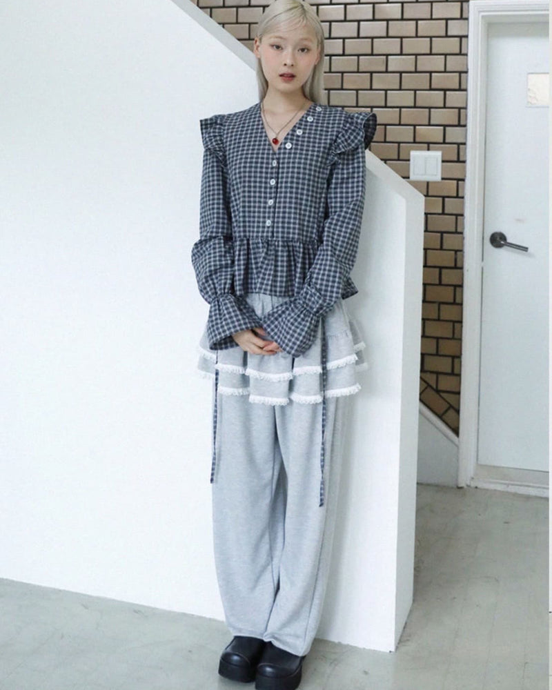 12/21 20:00 再販【Uglyshadow】BUTTON CHECK FRILL BLOUSE