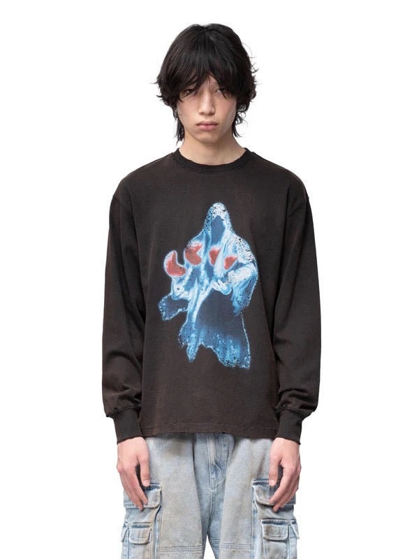 【The Boy Has No Patience】Two-Color Printed Long Sleeves (Washed + Damaged) / 【ザボーイハズノーペーシェンス】グラフィックプリント長袖Tシャツ