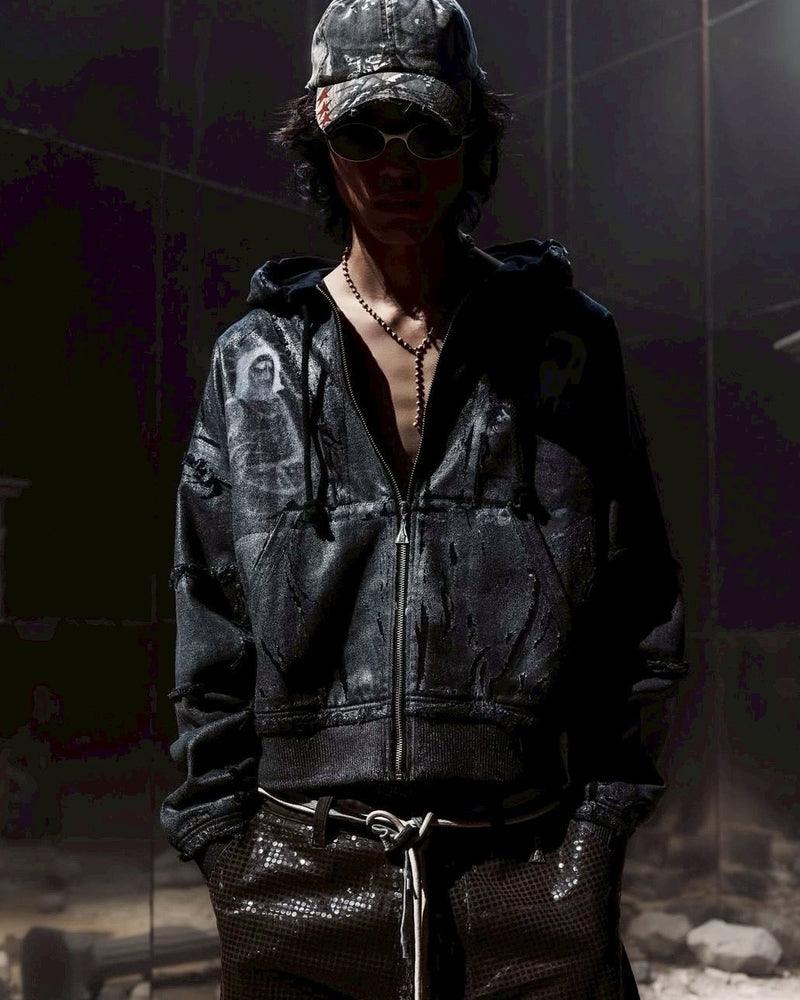 【The Boy Has No Patience】Double Saint Spray Hooded Jacket / 【ザボーイハズノーペーシェンス】スプレーグラフィックフードジップアップブルゾン