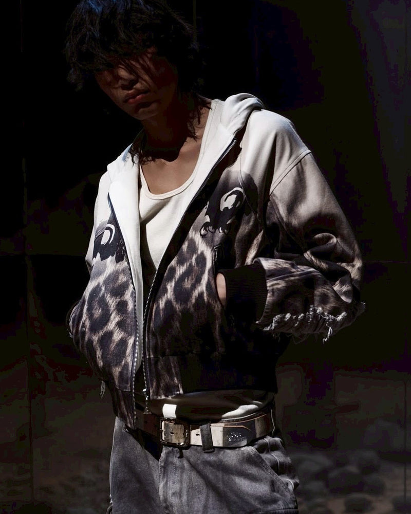 【The Boy Has No Patience】Fur Print Patchwork Jacket / 【ザボーイハズノーペーシェンス】レオパードプリントダメージフードジップアップブルゾン