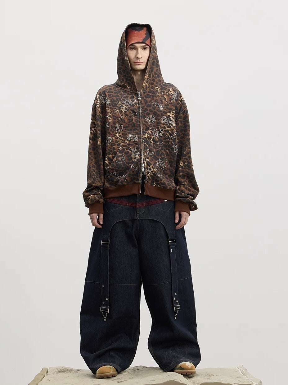 【DND4DES】Cartoon Rhinestone-Studded Leopard Print Zip Hoodie /【ディーエヌディーフォーデス】ラインストーンレオパードプリントジップアップパーカー