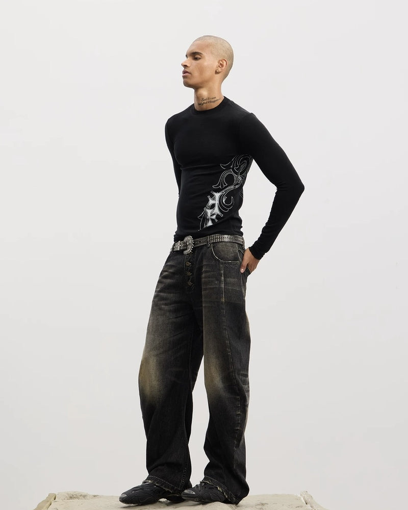 【DND4DES】Honeysuckle Pattern Cross Wool Long Sleeve /【ディーエヌディーフォーデス】サイドクロスデザインウール長袖Tシャツ