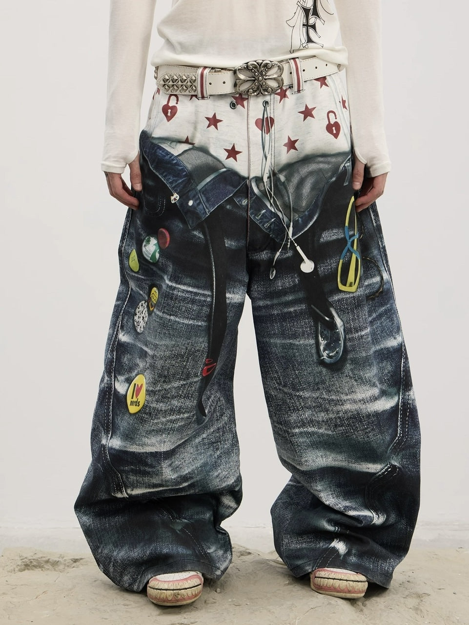 【DND4DES】Double Waist Badge All-Over Print Pants /【ディーエヌディーフォーデス】ダブルウエストプリントデニムパンツ