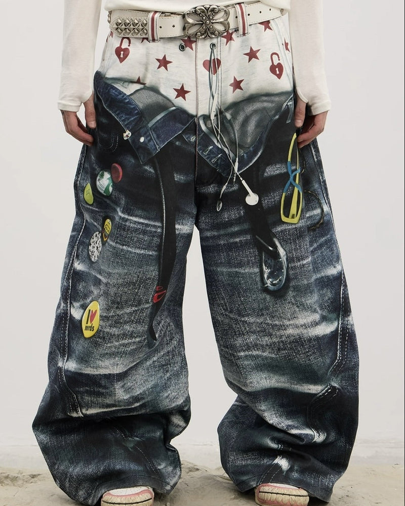 【DND4DES】Double Waist Badge All-Over Print Pants