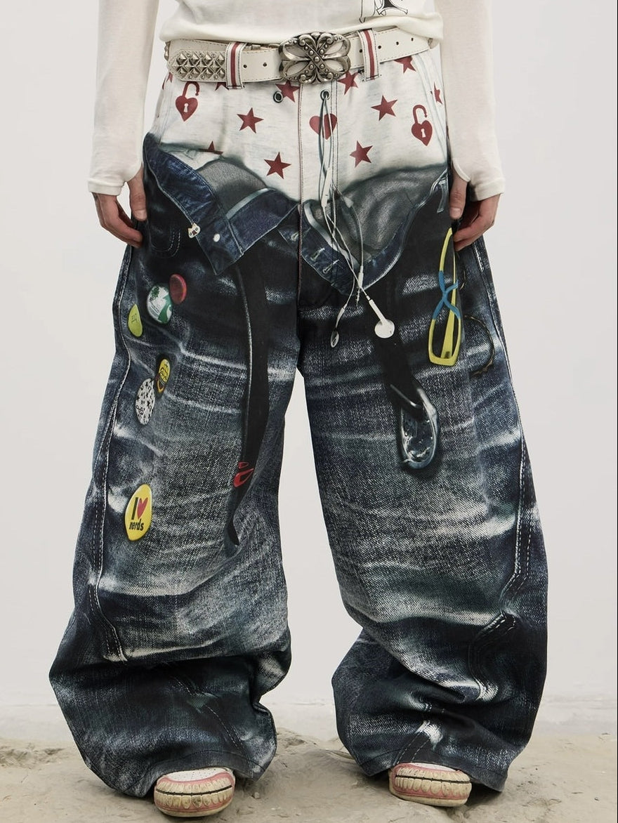 【DND4DES】Double Waist Badge All-Over Print Pants