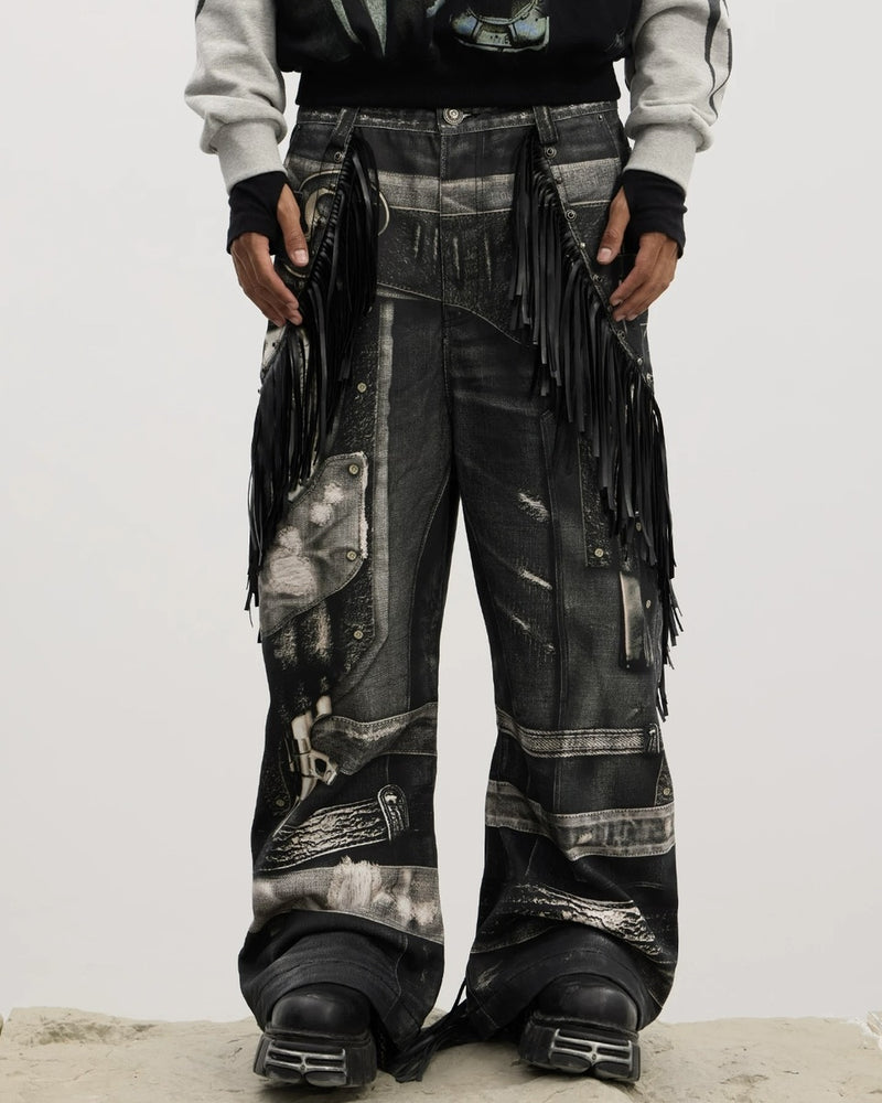 【DND4DES】Double Gun Tassel Full Printed Pants /【ディーエヌエスアール】 タッセルチェーンプリントデニムパンツ