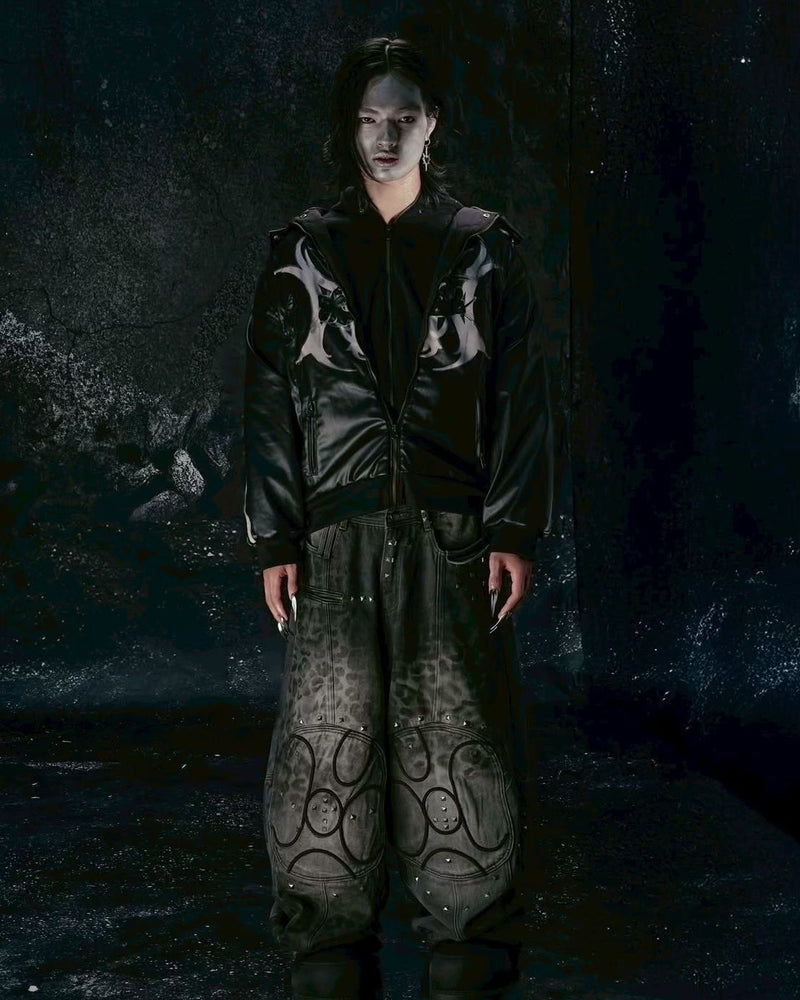 【Cozy world Wide】"BBY TECHBOI" 2 LAYER LEATHER SHELL HOODED JACKET / 【コージーワールドワイド】グラフィックレイヤードフードジャケット