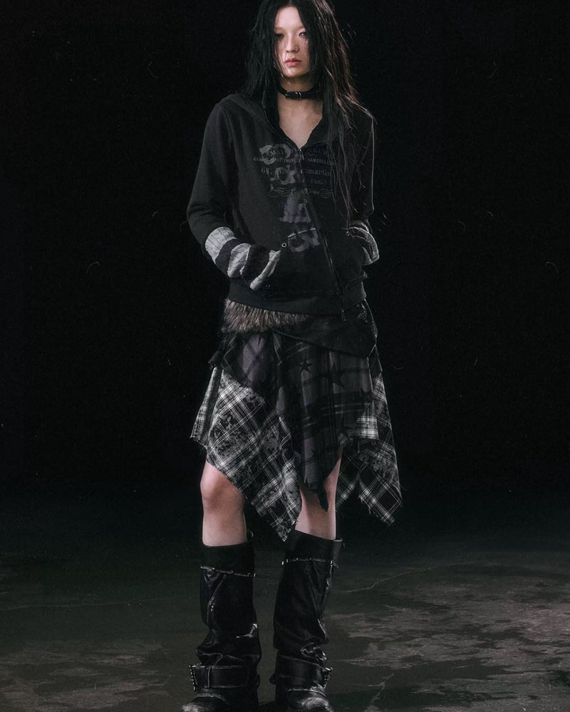 【Cest Nous】Star-Patterned Plaid Asymmetrical Skirt
