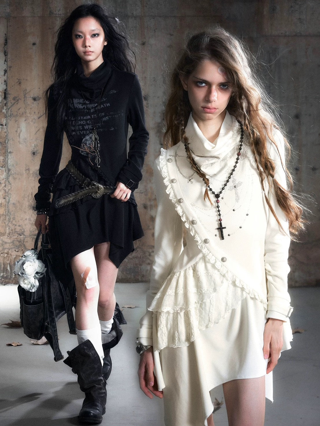 【Cest Nous】Beige Cowl Neck Dress / 【セヌー】ハイネックアシンメトリーフリルワンピース