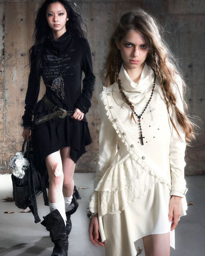 【Cest Nous】Black Cowl Neck Dress / 【セヌー】ハイネックアシンメトリーフリルワンピース