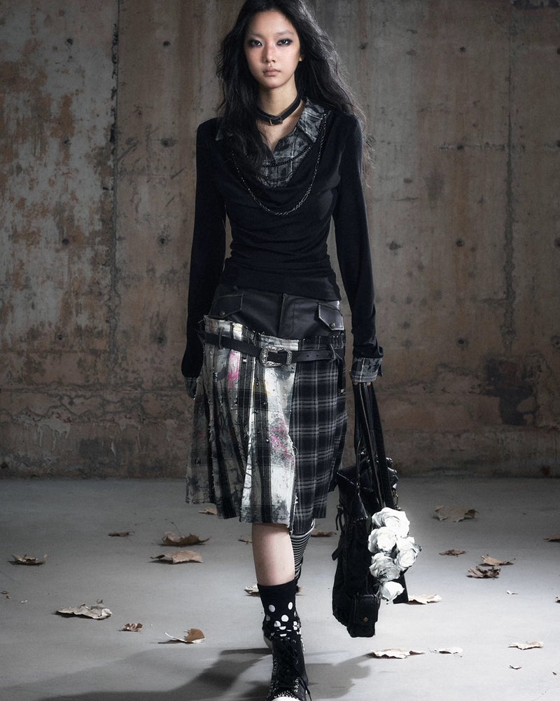 【Cest Nous】Plaid Necklace Top / 【セヌー】チェーン付きレイヤードシャツ