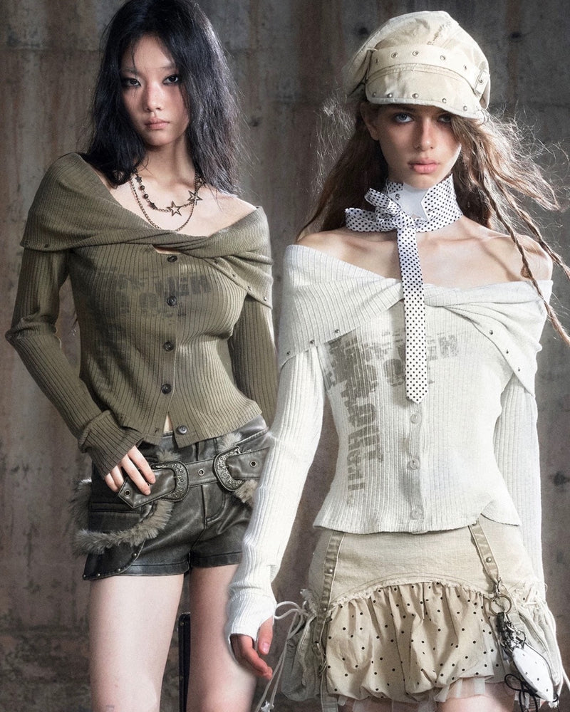 【Cest Nous】Off Shoulder Print Top / 【セヌー】オフショルダープリント長袖トップス