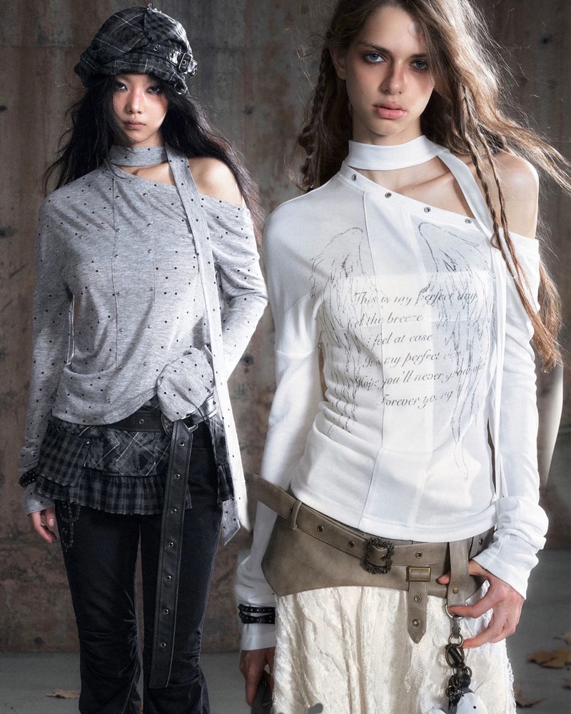 【Cest Nous】White Wing Graffiti Top / 【セヌー】タイ付きワンショルダー長袖トップス