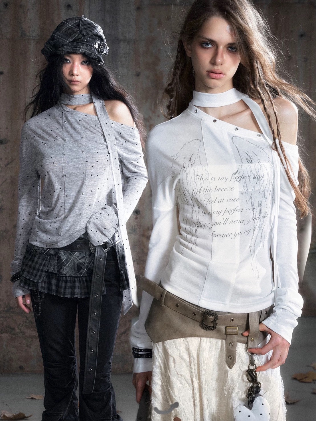 【Cest Nous】White Wing Graffiti Top / 【セヌー】タイ付きワンショルダー長袖トップス