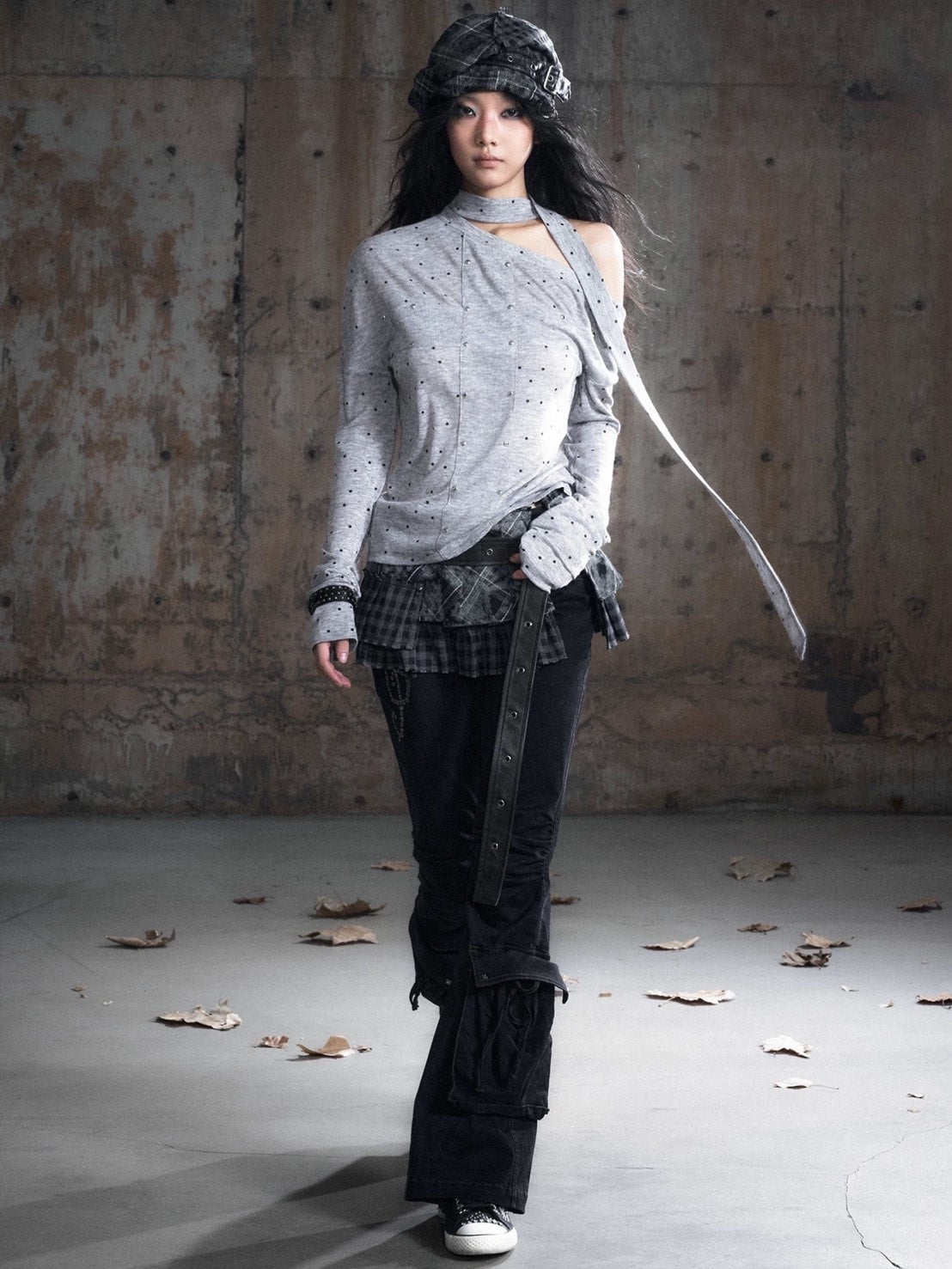 【Cest Nous】Grey Polka Dot Top / 【セヌー】タイ付きワンショルダー長袖トップス