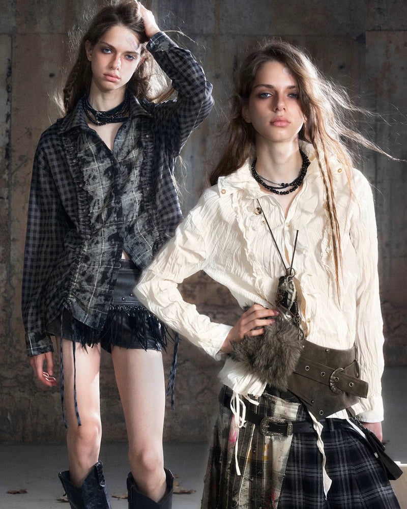 【Cest Nous】Plaid Patchwork Blouse / 【セヌー】パッチワークフリルシャツ
