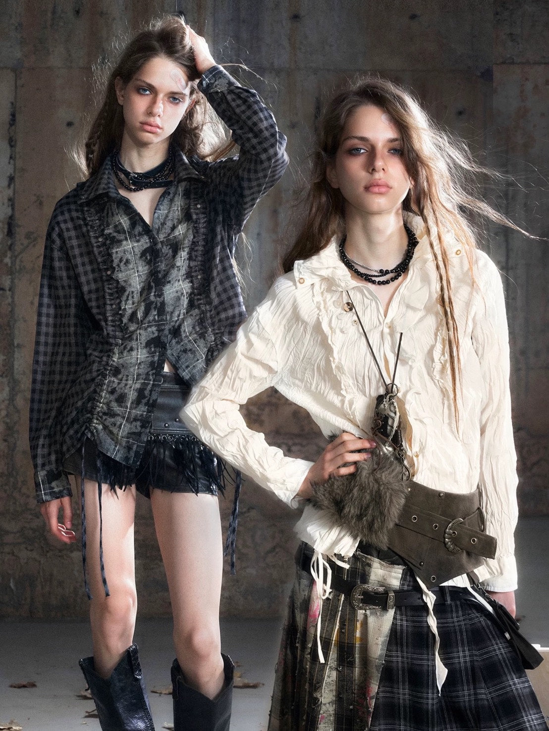 【Cest Nous】Plaid Patchwork Blouse / 【セヌー】パッチワークフリルシャツ