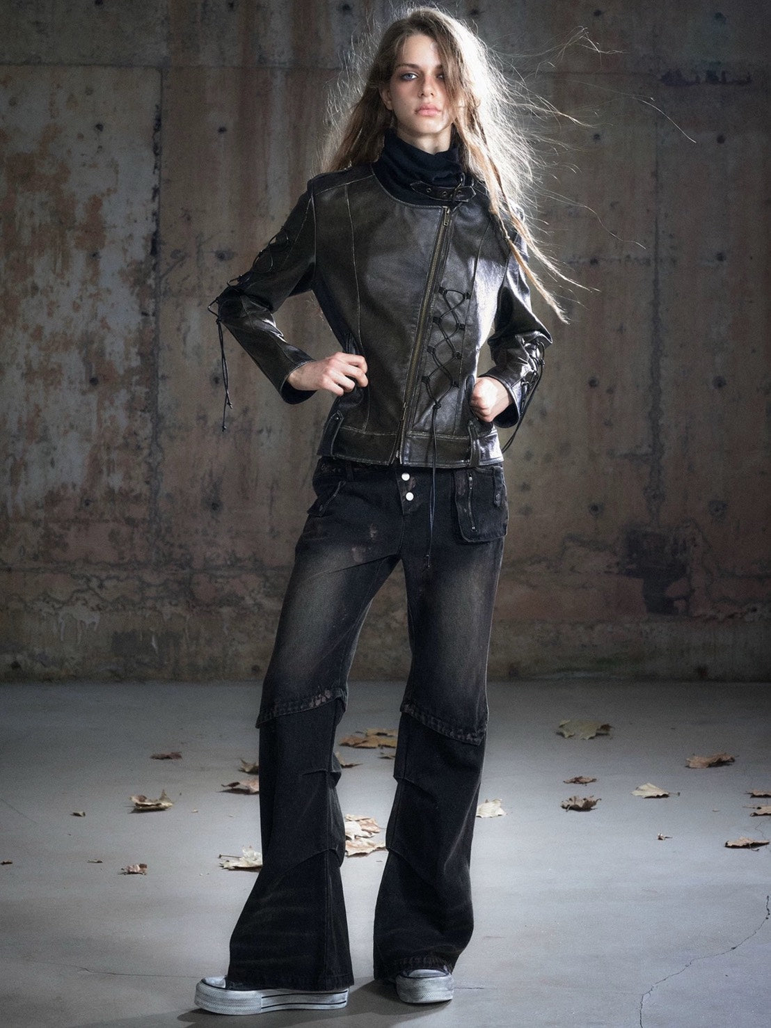 【Cest Nous】Lace-up Non-leather Jacket / 【セヌー】ハイネックコーティングレースアップジャケット