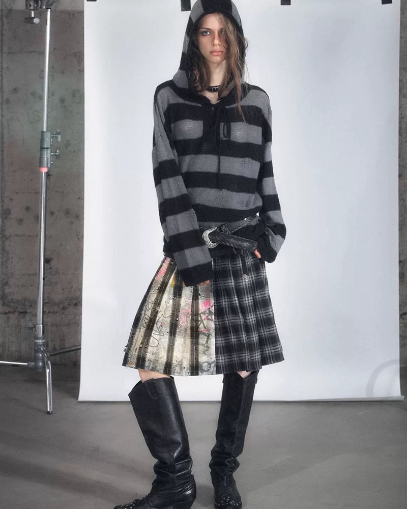 【Cest Nous】Plaid Pleated Skirt / 【セヌー】レイヤードデザインベルトプリーツスカート