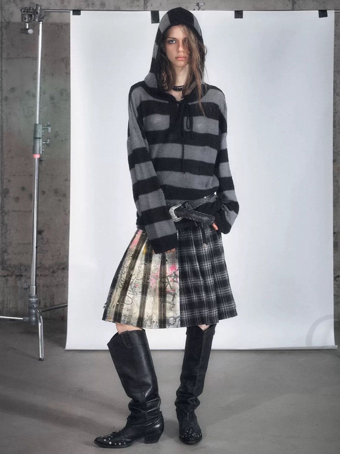 【Cest Nous】Plaid Pleated Skirt / 【セヌー】レイヤードデザインベルトプリーツスカート