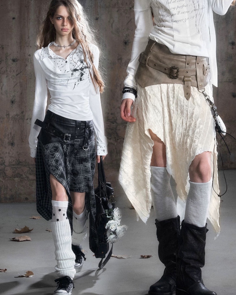 【Cest Nous】Belted Plaid Skirt / 【セヌー】ベルトアシンメトリースカート