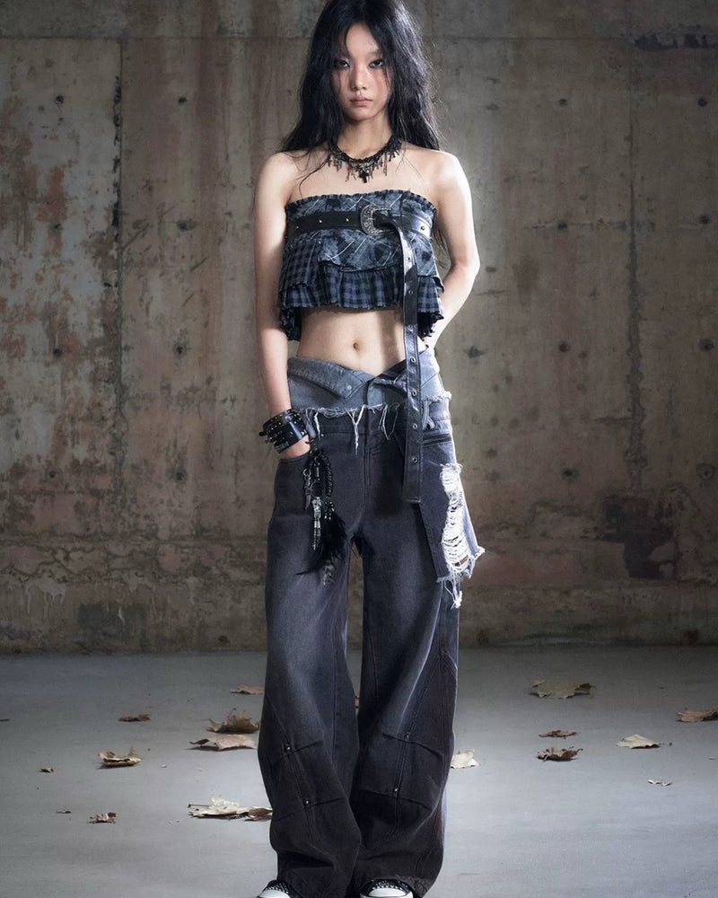 【Cest Nous】Black & Red Wide-Leg Pants / 【セヌー】ダブルウエストダメージデニムパンツ