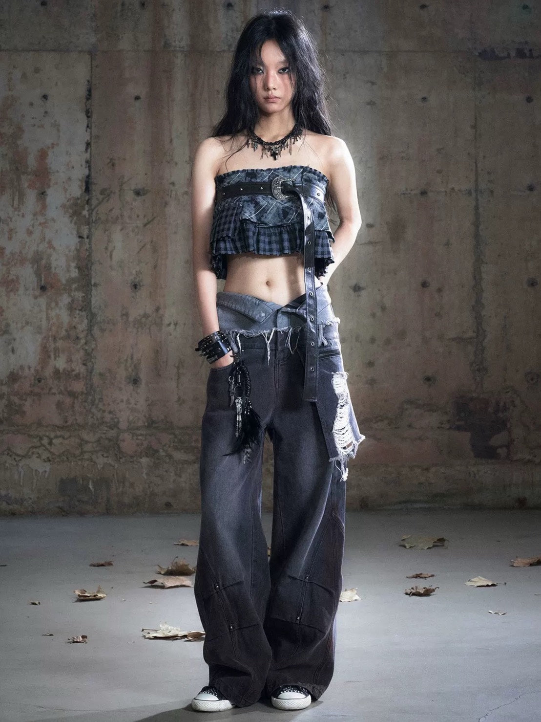 【Cest Nous】Black & Red Wide-Leg Pants / 【セヌー】ダブルウエストダメージデニムパンツ