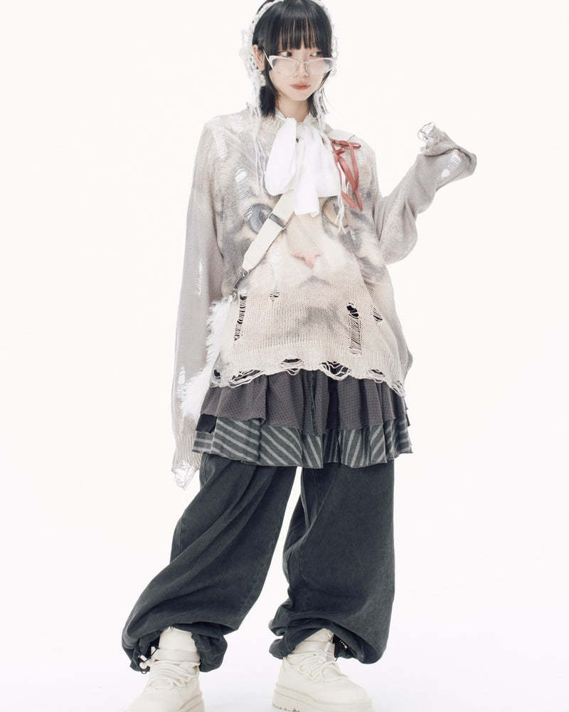 国際配送【Nerd out XU】odd eye cat damage knit / 【ナードアウトエックスユー】オッドアイキャットダメージニット