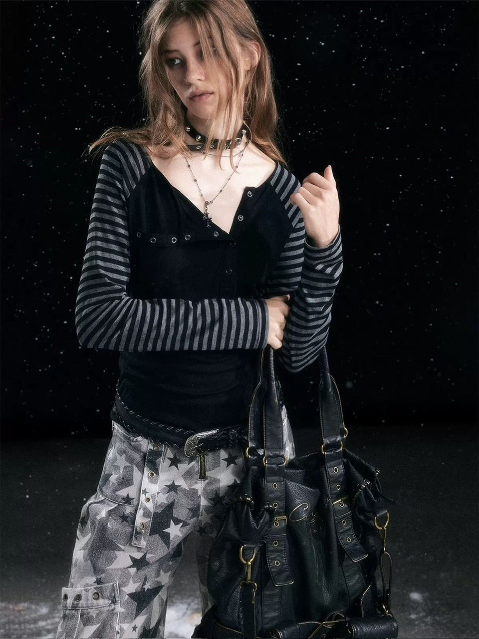 【Cest Nous】Asymmetric henley neck top / 【セヌー】ボーダースリーブ長袖Ｔシャツ