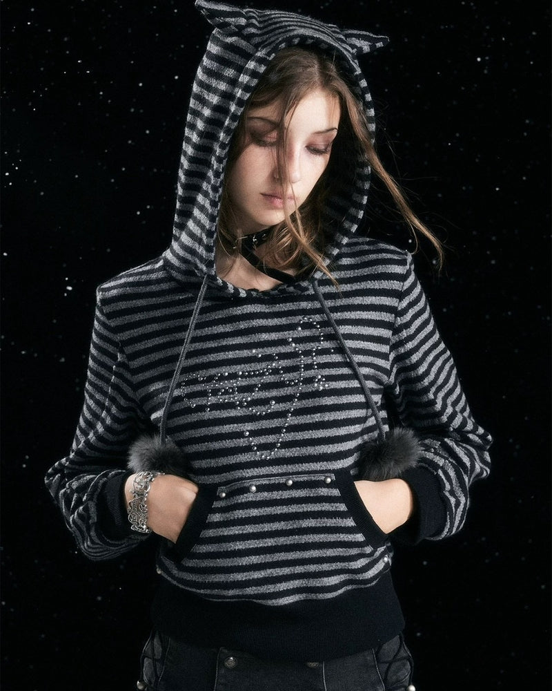 【Cest Nous】Striped cat-ear Striped cat-ear pullover parker / 【セヌー】ボーダーキャットイヤープルオーバーパーカー