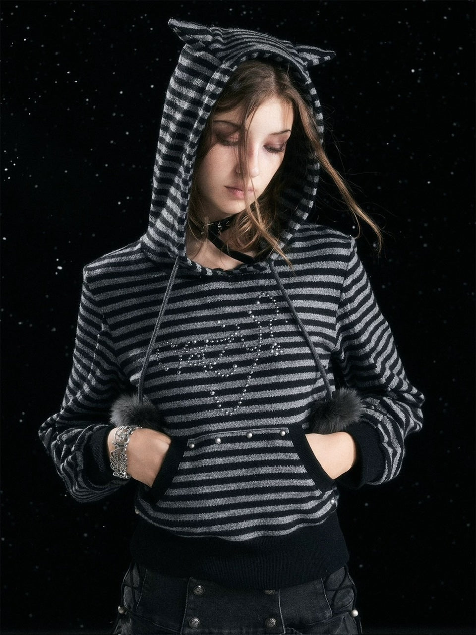 【Cest Nous】Striped cat-ear Striped cat-ear pullover parker / 【セヌー】ボーダーキャットイヤープルオーバーパーカー