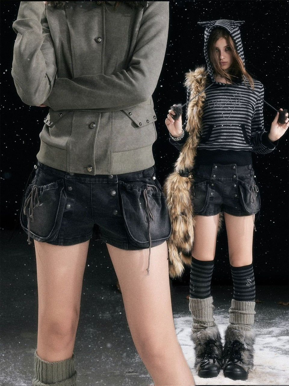 【Cest Nous】Bloom-style denim shorts / 【セヌー】レースアップリベットショートデニムパンツ