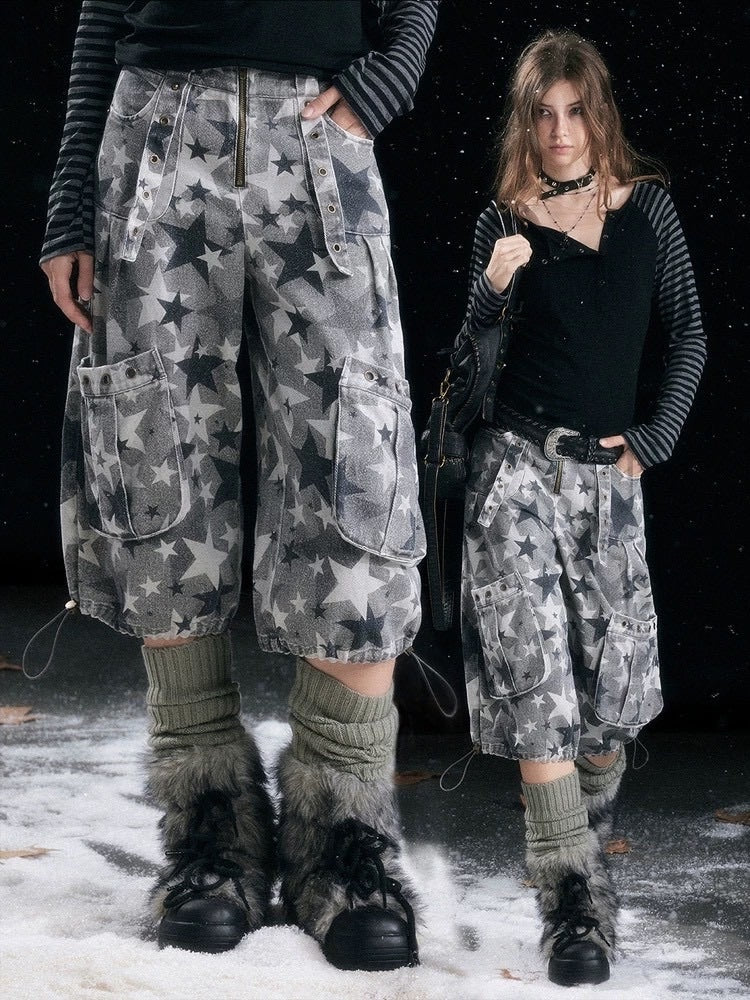 【Cest Nous】Star camouflage capri pants / 【セヌー】スターカモフラージュポケットハーフパンツ