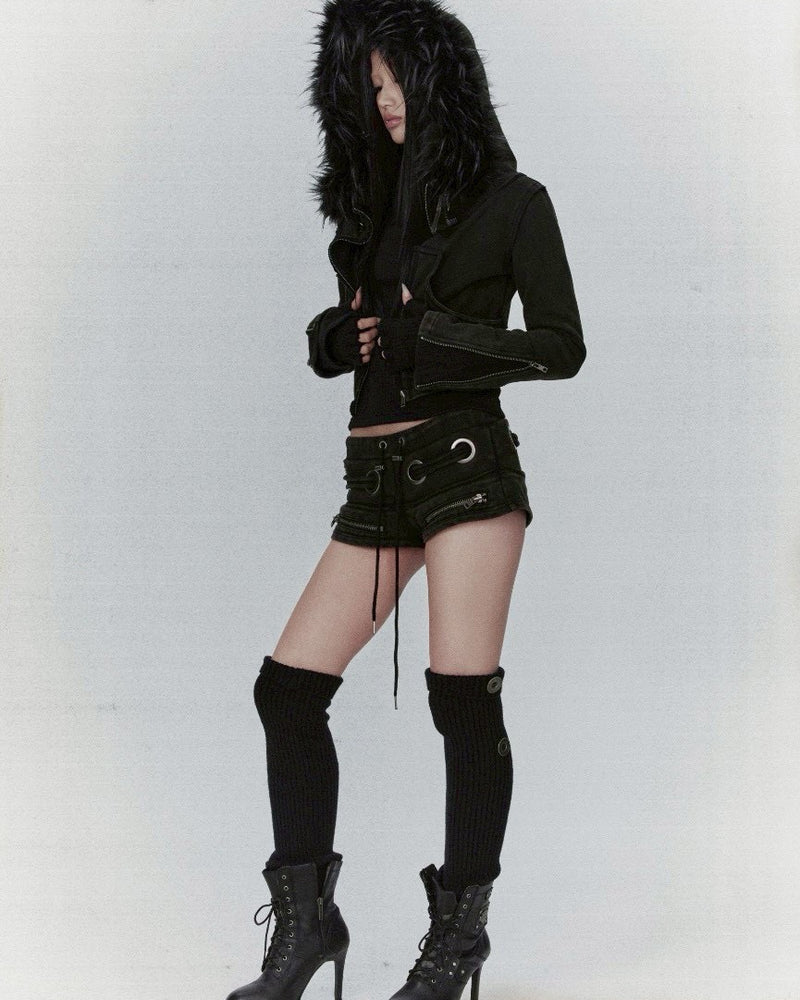 【bonienkiye】Distressed Seam Fur Hood Zip-Up