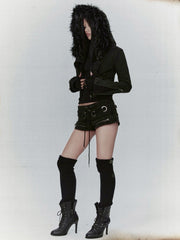 【bonienkiye】Distressed Seam Fur Hood Zip-Up