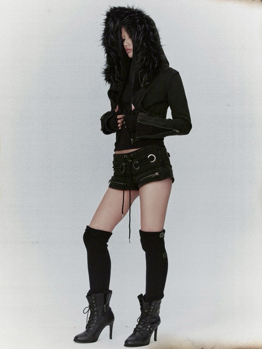 【bonienkiye】Distressed Seam Fur Hood Zip-Up