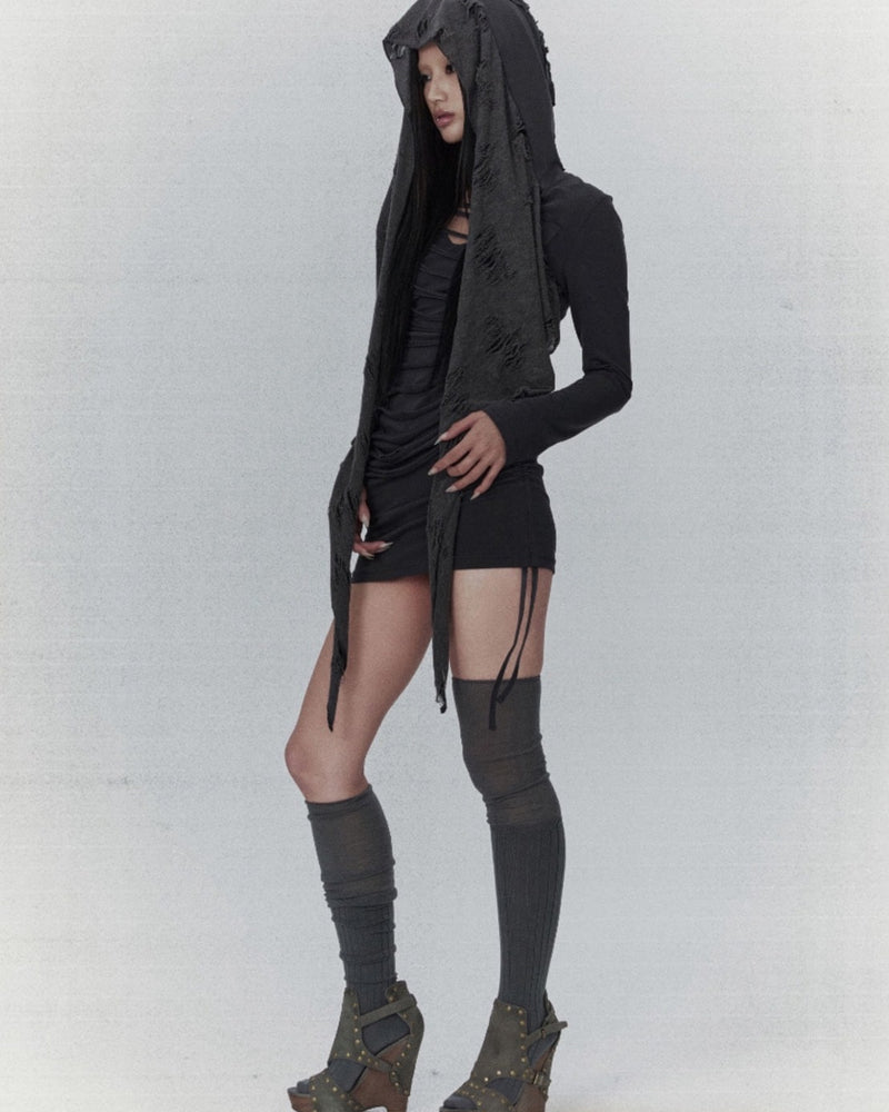 【bonienkiye】Distressed Hood Scarf Dress