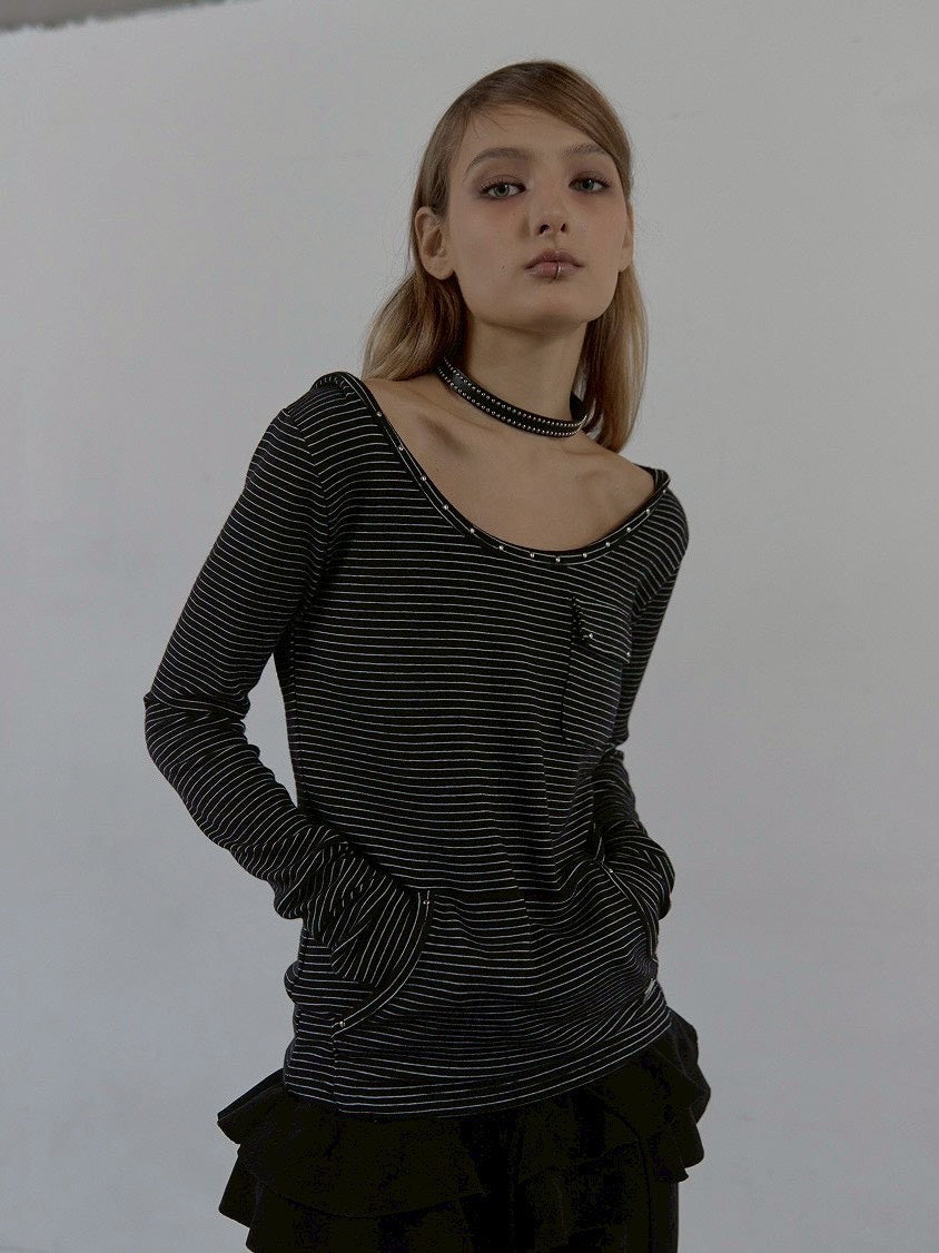 【SETUP‐EXE】SOFT STRIPE HOODIE TOP / 【セットアップエグゼ】ボーダーフード長袖Tシャツ