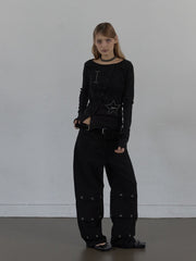 【SETUP‐EXE】STAR BUTTON TOP / 【セットアップエグゼ】ラインストーンボタン長袖Tシャツ