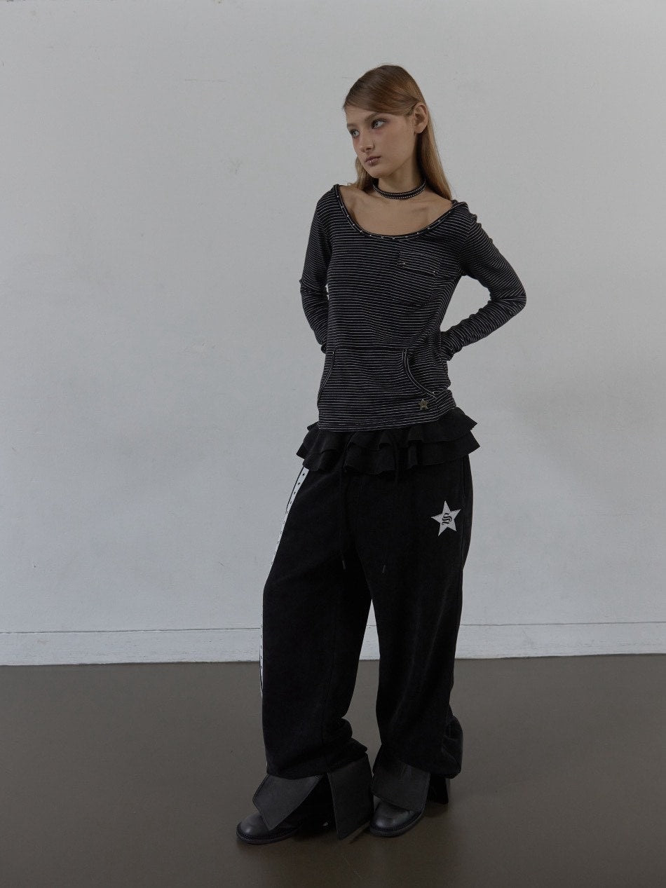 【SETUP‐EXE】FRILL EYELET SWEATPANTS / 【セットアップエグゼ】フリルアイレットサイドラインスウェットパンツ
