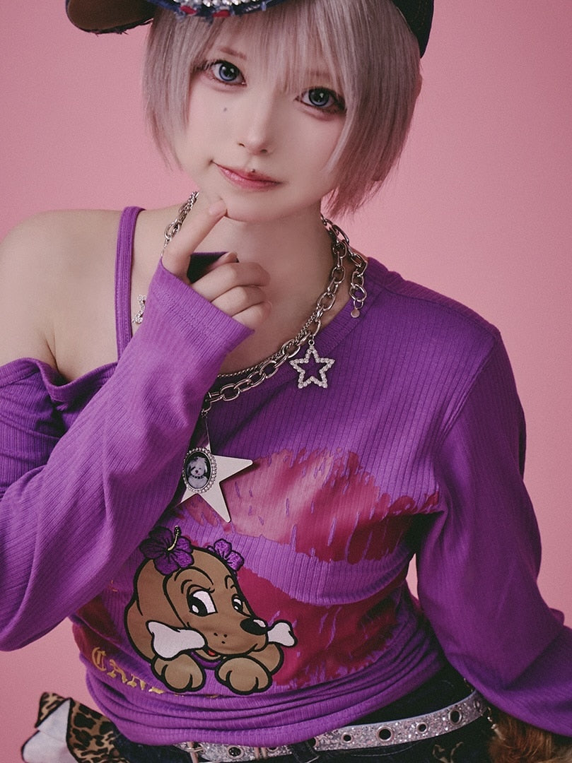 【GALFY】SEXY LIPS TEE / 【ガルフィー】ワンショルダーリッププリント長袖Tシャツ