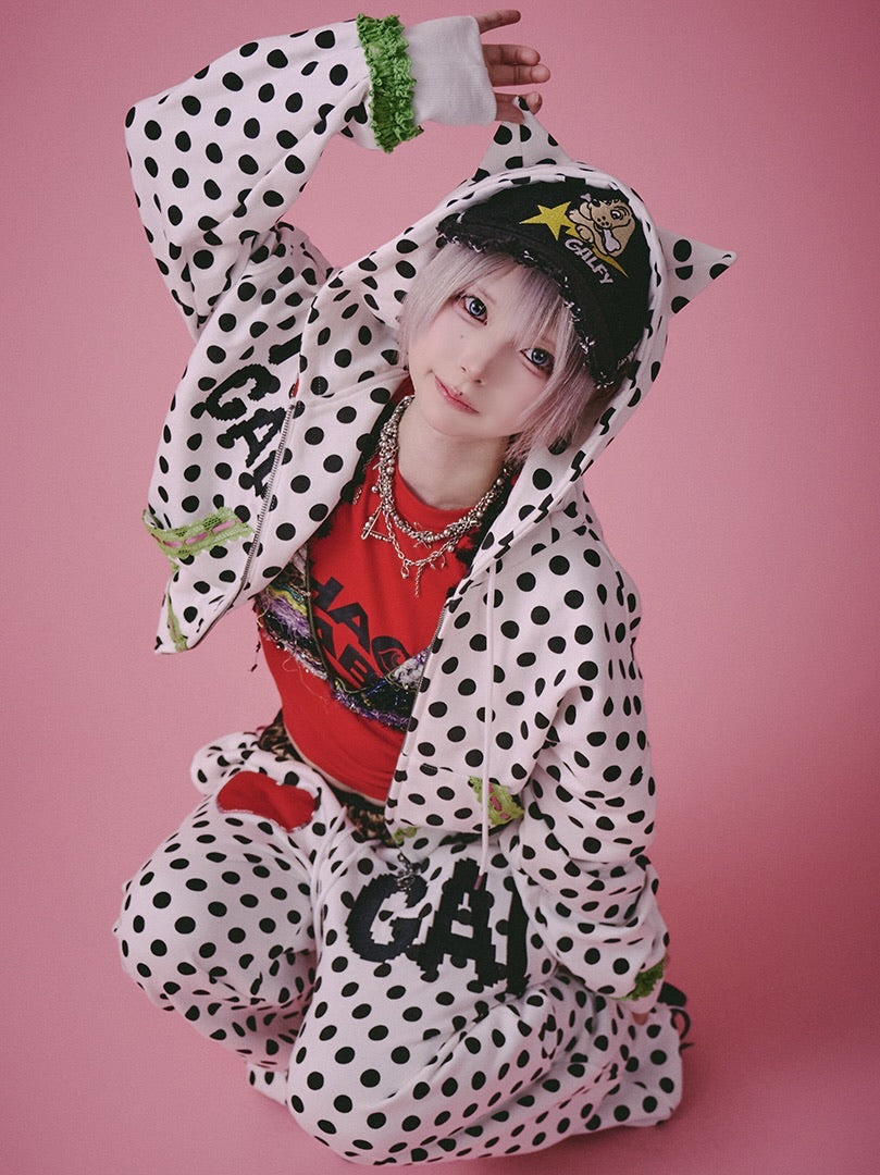 【GALFY】ポップポップI LOVE GALパーカー / 【ガルフィー】バックデザインドット耳付きジップアップパーカー