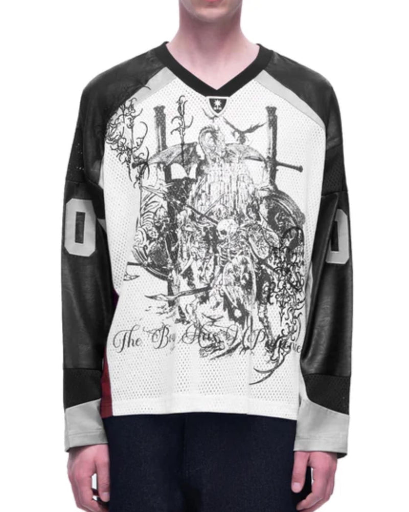 【The Boy Has No Patience】 TBHNP LUMINOUS DAWN SWORDSHIELD SPECTER PRINTED RUGBY L/S TEE / 【ザボーイハズノーペーシェンス】フロントプリントラグビー長袖Tシャツ