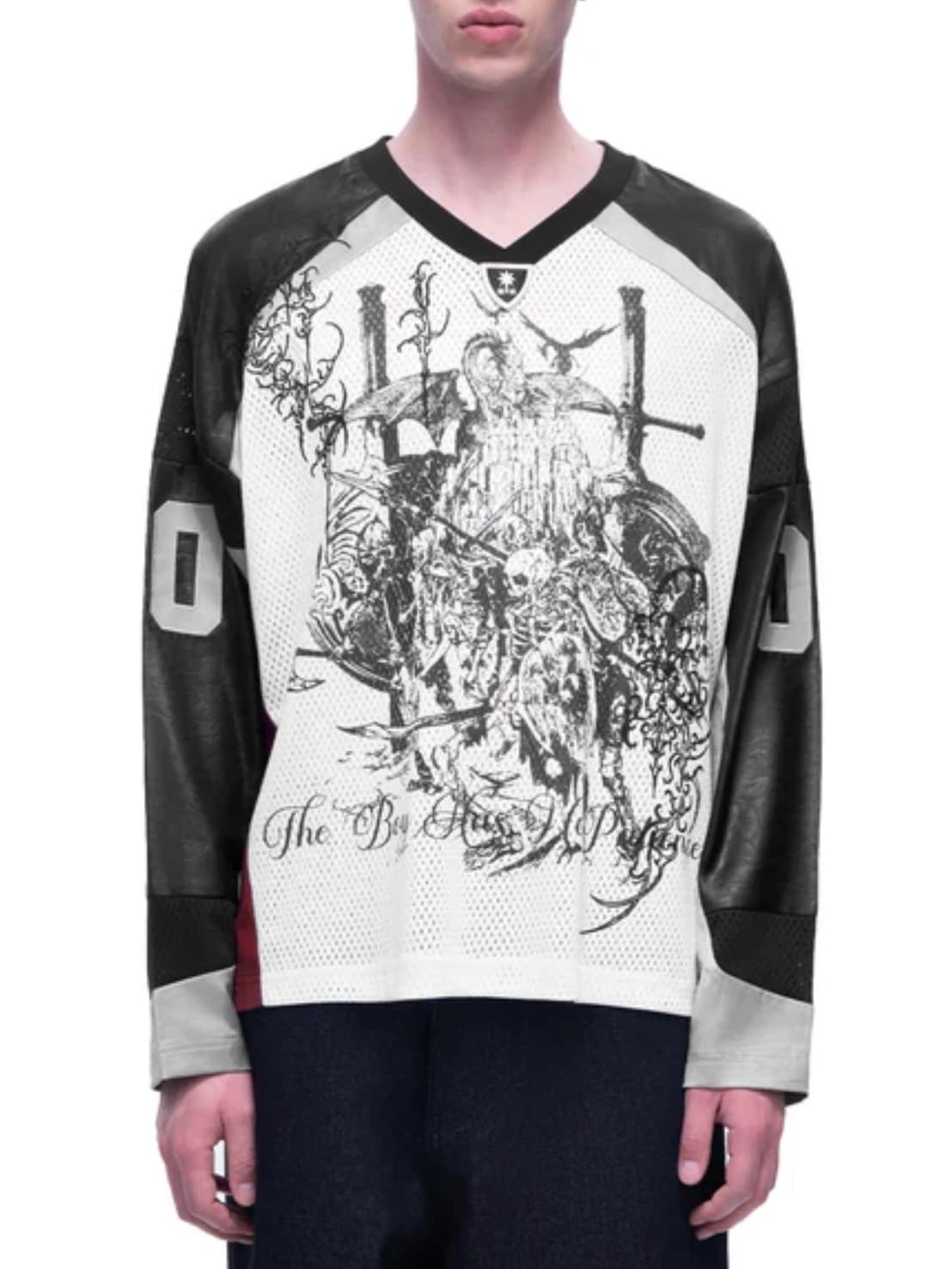 【The Boy Has No Patience】 TBHNP LUMINOUS DAWN SWORDSHIELD SPECTER PRINTED RUGBY L/S TEE / 【ザボーイハズノーペーシェンス】フロントプリントラグビー長袖Tシャツ