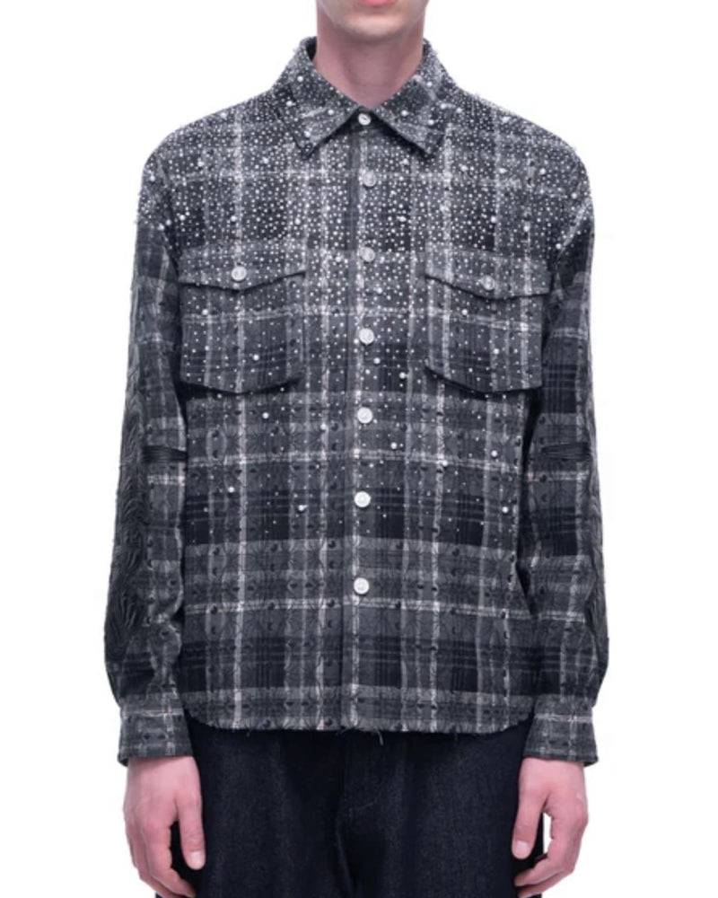 【The Boy Has No Patience】TBHNP LUMINOUS DAWN RHINESTONE PEARL BAT PATTERN L-S SHIRT / 【ザボーイハズノーペーシェンス】ラインストーンチェックシャツ