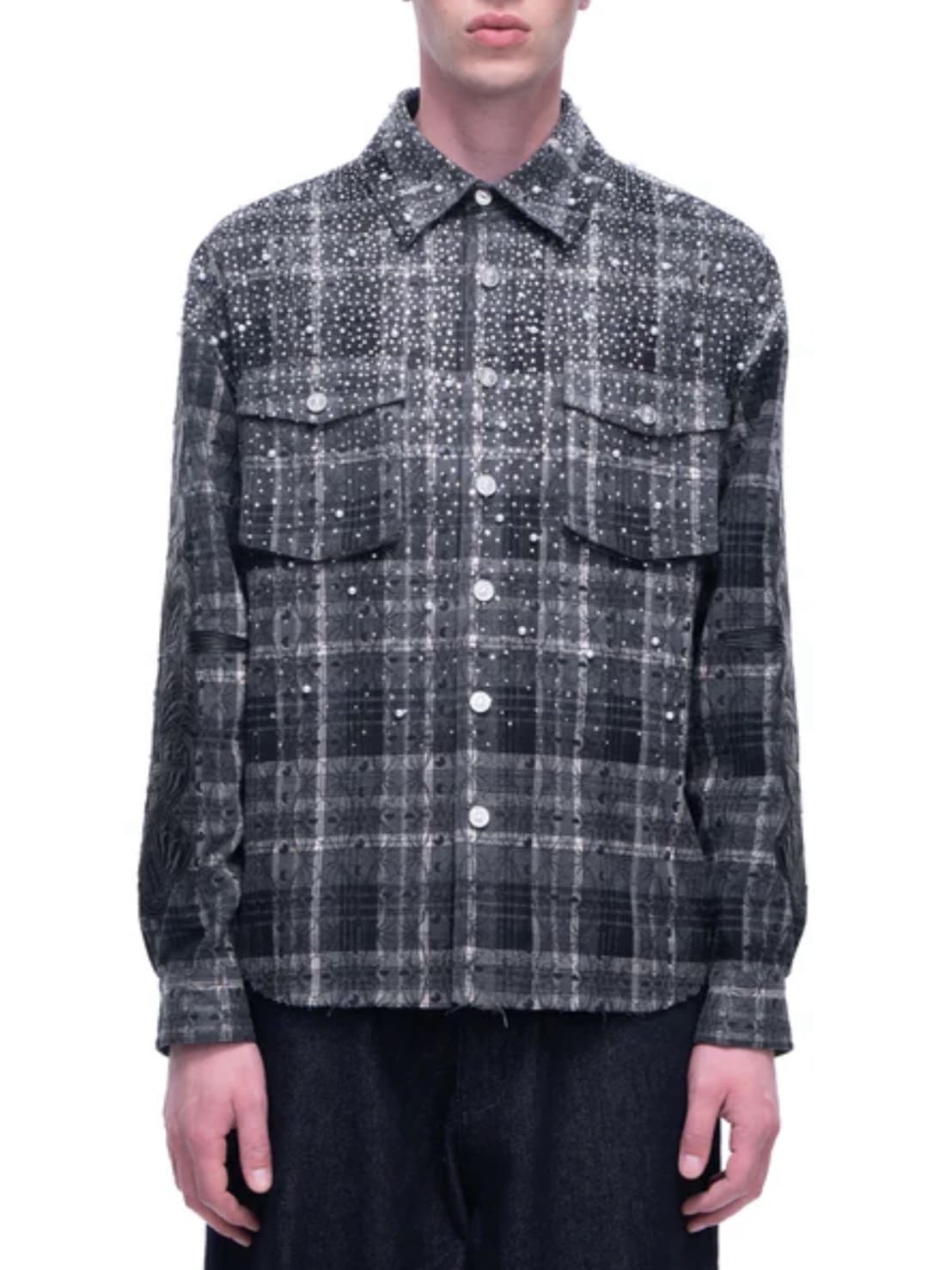 【The Boy Has No Patience】TBHNP LUMINOUS DAWN RHINESTONE PEARL BAT PATTERN L-S SHIRT / 【ザボーイハズノーペーシェンス】ラインストーンチェックシャツ