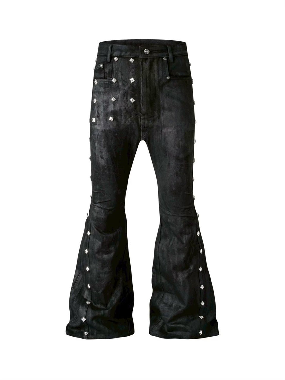 2/28 20:00発売【UNIZ】Egypt Coated Flare Pants / 【ユニズ】スタッズデニムフレアパンツ